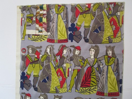 Vintage 1970s Fabric Kings Queens Lords Panel Gray Chartreuse Red Blue Medieval - Picture 4 of 13