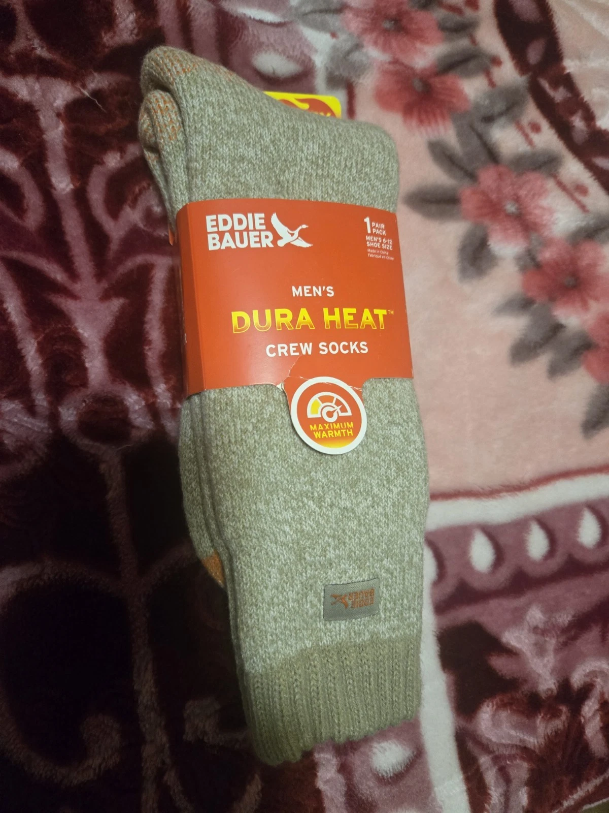 EDDIE BAUER Mens Size 6-12 DURA HEAT CREW Socks Full CUSHIONED 1 Pair Grey NEW