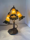 VTG Tiffany Style Lily Pad Table Lamp 3 Arm Amber &  Green Frosted Tulip Shades