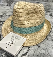 NEW - Boys Beige Straw Fedora Sun Hat w/ blue/grey trim Fits 0-9M