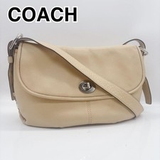 COACH Leather Turn Lock Shoulder Bag Beige Crossbody 24a