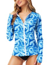 Blue Print Rashguard Women's Zip Up Swim Shirt SPF Sun Protection Long Sleeve...