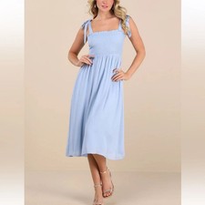 Lulus Looking Up Light Blue Smocked Tie-Strap Midi Dress Small Partially Lined