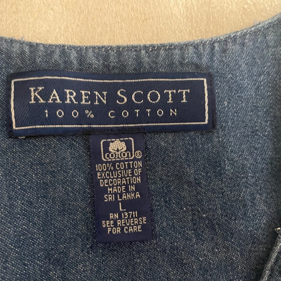 Chaleco Karen Scott Vintage Años 90 Mujer Grande Azul Denim Bordado Corazones Rosa Top Foto 4 de 4