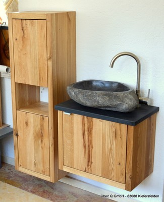 Waschtisch Design Luxus Granit Flussstein Findling Waschbecken Bad Eiche Massiv Ebay