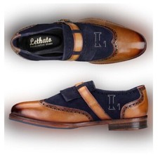 Handmade Men's Two Tone Madrid Strap Pure Leather Suede Wing Tip Shoes, Sale 