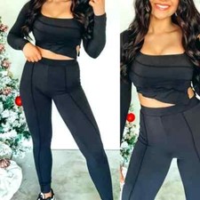 Black 2 Piece Leggings  Crop Top Set Size Medium