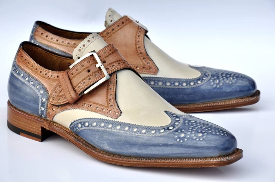 Handmade Men Three tone wing tip brogue 