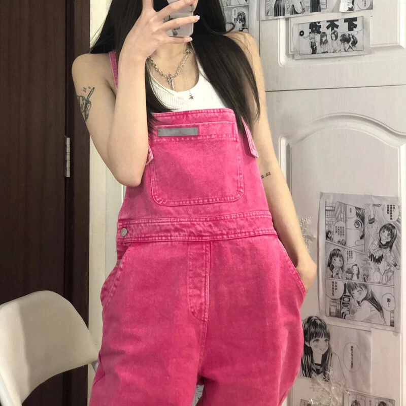 Women s pink denim overalls Jumpsuit jeans trousers loose wide leg