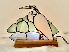 Hand Made Wood Base And Stained Glass Crane Accent Light Desk/Table