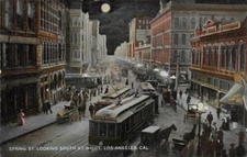 SPRING STREET LOOKING SOUTH TROLLEY LOS ANGELES CALIFORNIA POSTCARD (c. 1910)