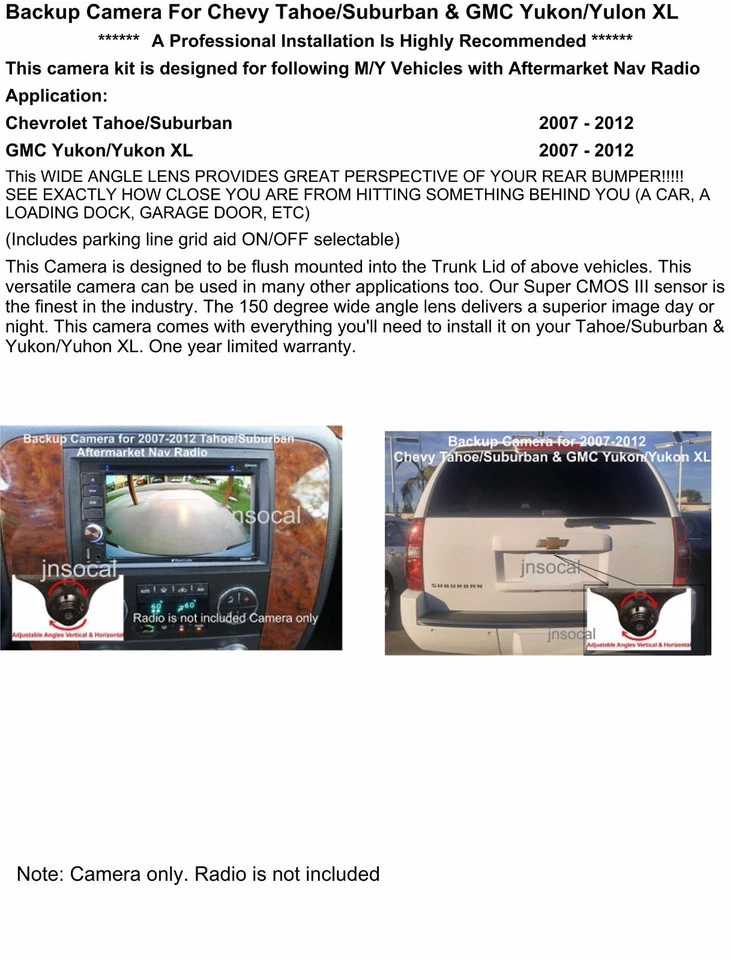 Backup Camera for Chevy Tahoe Suburban GMC Yukon 07 - 13 with AFTERMARKET RADIO - Image 4 of 4