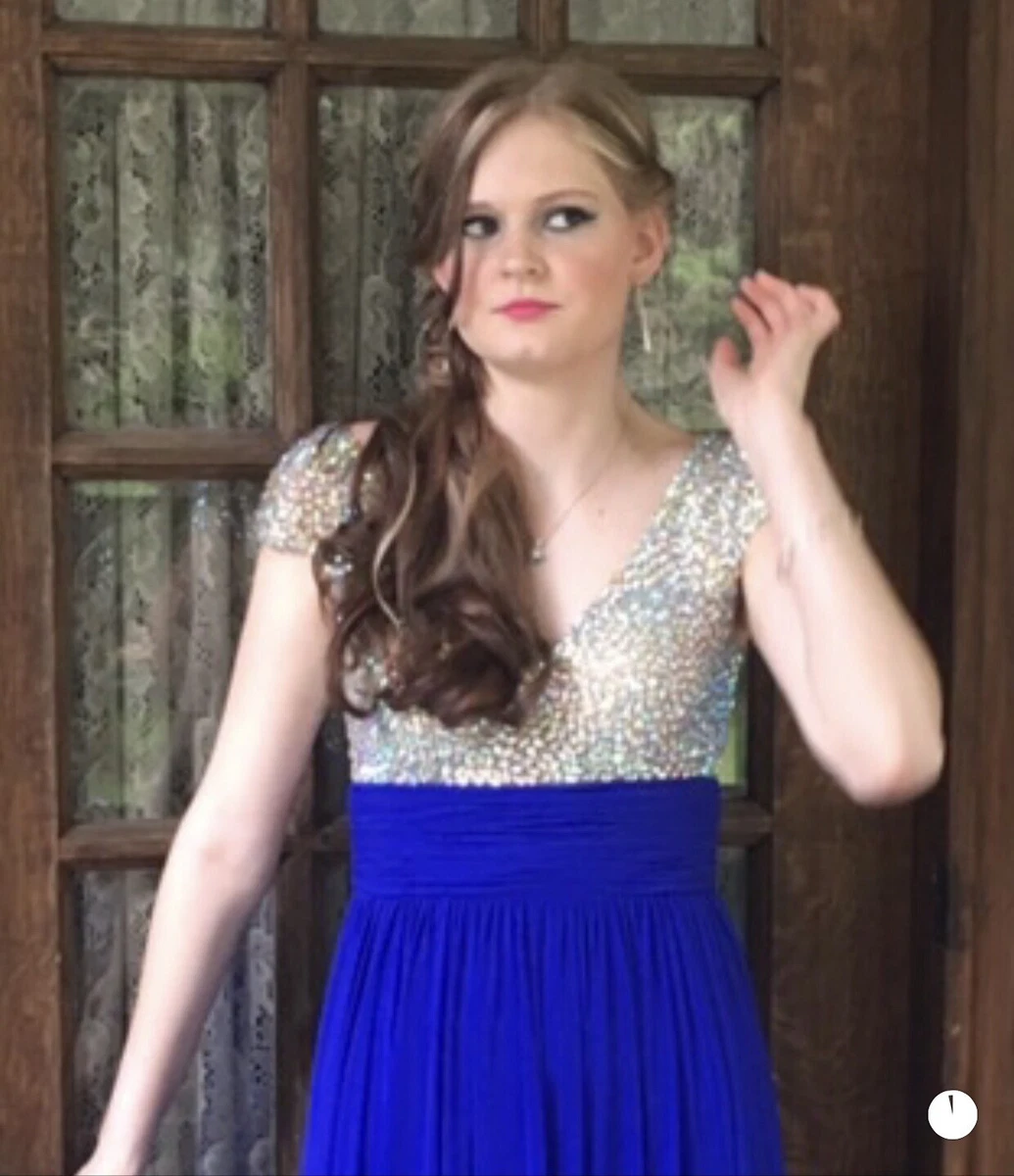 Davids Bridal Prom Pageant Formal Long Dress Blue Sparkly Worn