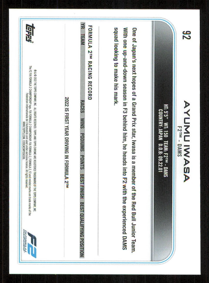 2022 Topps Chrome Formula 1 #92 Ayumu Iwasa - Image 2 of 2