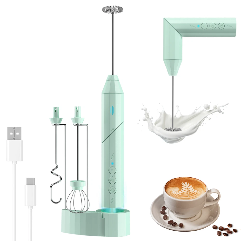 Milk Frother Handheld, USB Rechargeable Electric Foam Maker w/ 3 Heads for Latte