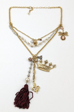 Graziano Multi Charm Tassel Pendant Faux Pearl Fleur De Lis Crown Cameo Necklace