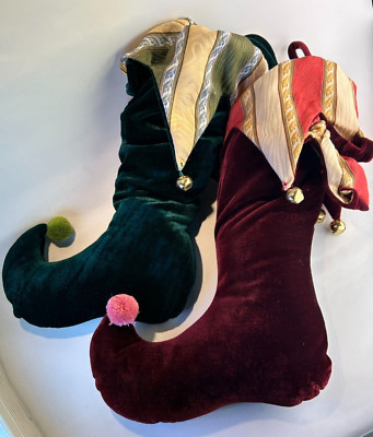 Jester Style Christmas Stockings 18  Set of 2 Stuffed At Bottom 7'' Pocket Bells