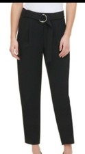 Calvin Klein Black Ankle Pants Belted Career Poly Spandex Stretch LOGO NWT 80
