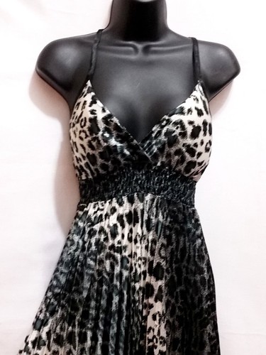 Pleaded Leopard Silk Summer Sundress Maxi S M Long Evening Cocktail Party Animal - Picture 3 of 7