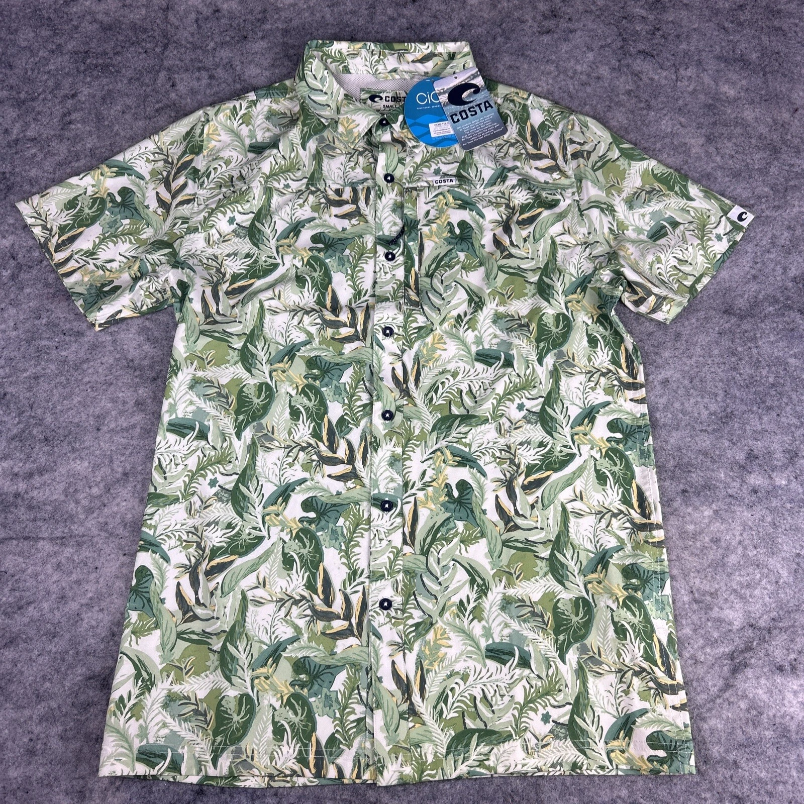 NWT Costa Shirt Mens Small Green Tropical Print Hybrid Tech Button Up Wicking