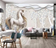3D White Horse Tree K10398 Wallpaper Mural Se...