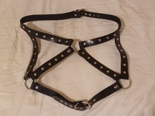 BDSM Black Leather Adjustable Harness with Metal Buckles, Rings, and Rivets
