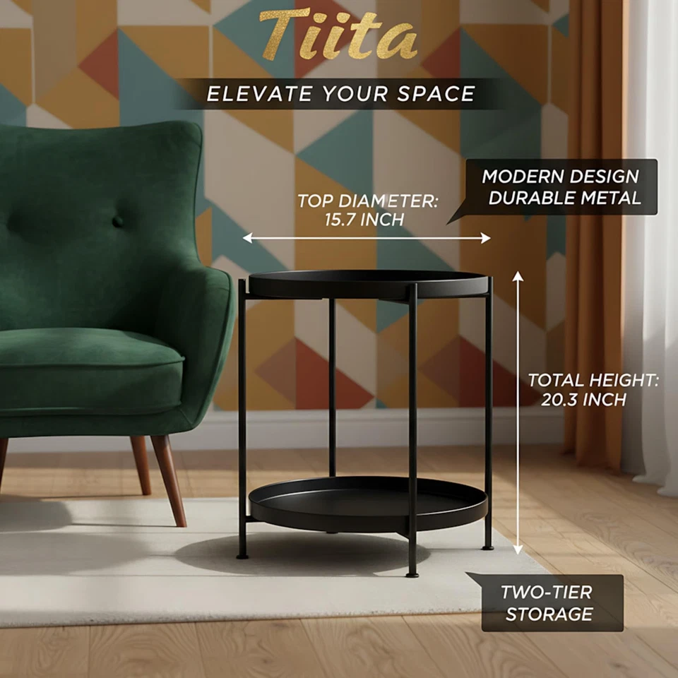 Paquete de 2 mesas auxiliares redondas de 2 niveles mesita de noche/mesas pequeñas de hierro acento... Foto 2 de 4