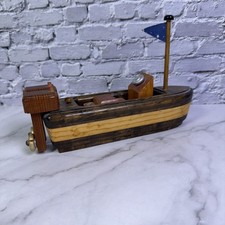 Vintage Hand Carved Wooden Motor Boat Artisan Made 10” - Made In USA