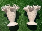2 Vintage Fenton Vase Spanish Lace Crest Ruffled Top White Milk Glass 4”