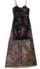Guess XS Black Floral Mesh Maxi Dress Sheer Overlay Spaghetti Strap NWT