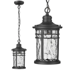 Outdoor Pendant for Porch Aluminum Hanging Porch Light with Water Ripple Glass