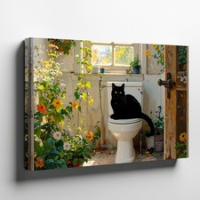 Wall Art Canvas a Black Cat Sits on a White Toilet in a Rustic Bathroom the
