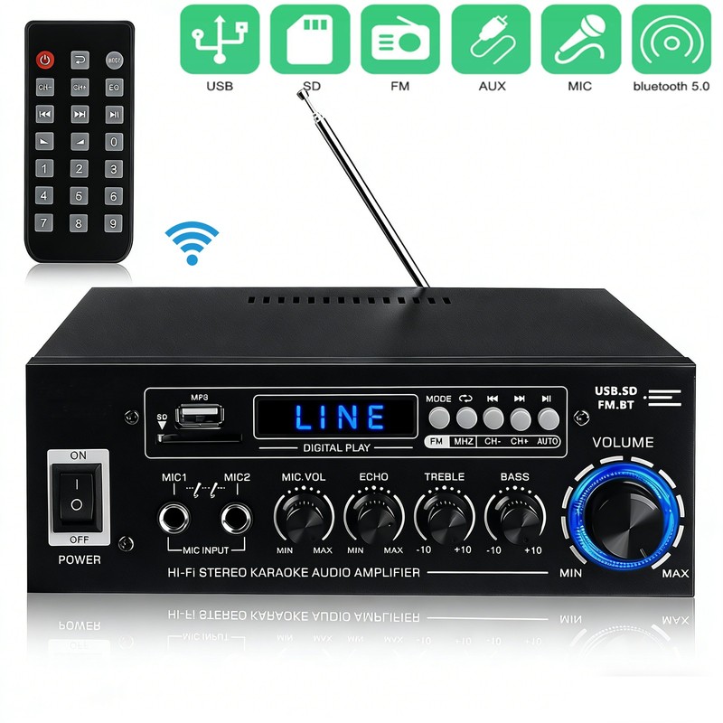 2000W bluetooth Power Amplifier Stereo Receiver Hifi Amp MP3/USB/SD Reader 2 Mic