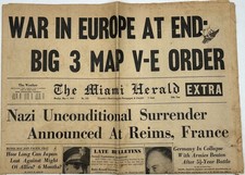 Vintage MIAMI HERALD May 7th, 1945 Newspaper - End of World War II