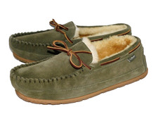 LL BEAN Men's Wicked Good Moccasin Slipper Size 12 Olive Green Suede Wool Lining
