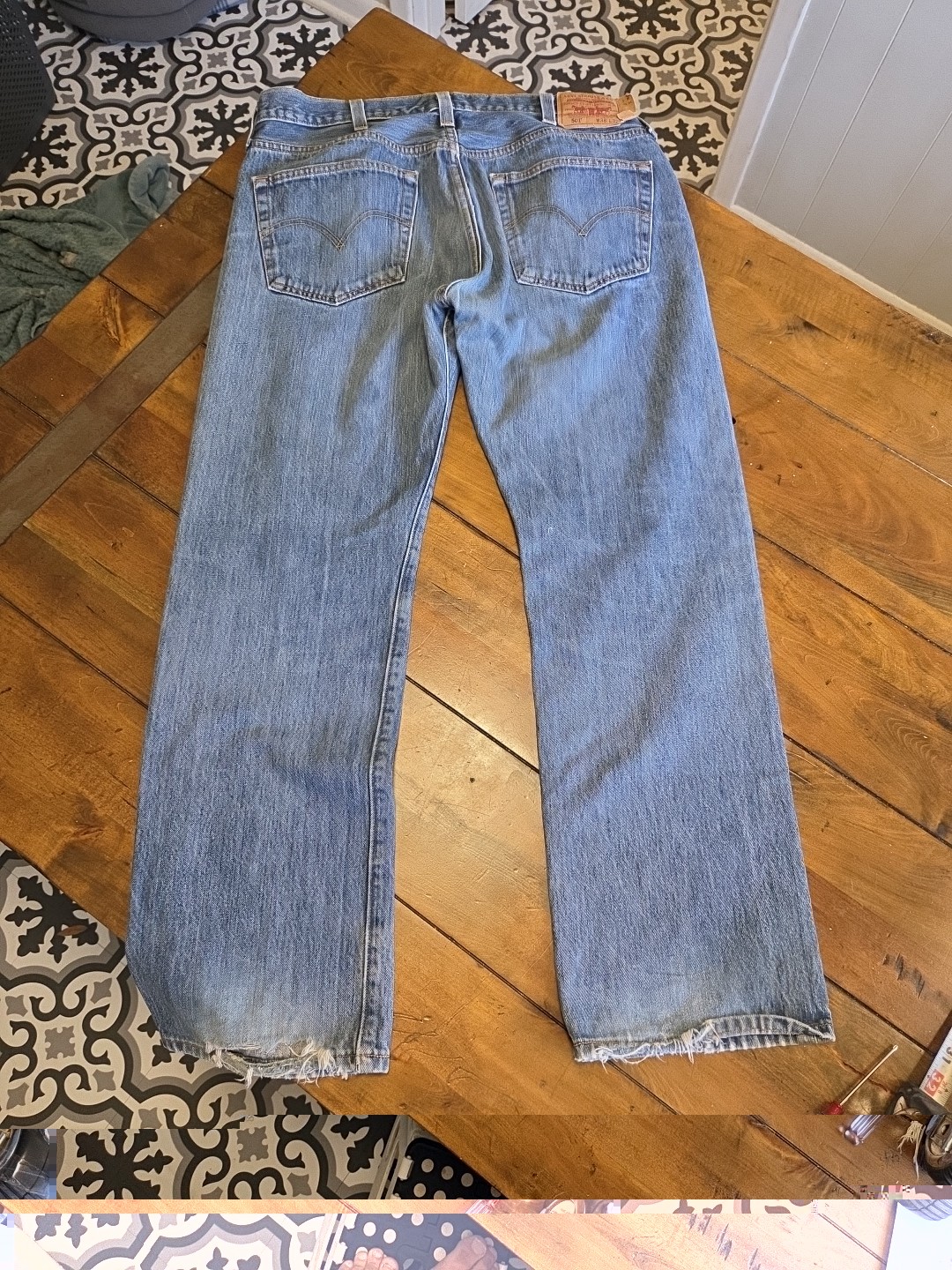 Levi’s 501 Original Fit Jeans 38x32 Blue Thrashed Distressed Frayed Hems image 9