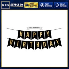 Pre-Strung Happy Birthday Banner Black Gold Letters 8 ft