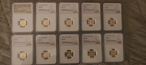 Lot of (10) Gold 1/10 oz American Eagle $5 US Mint Coins