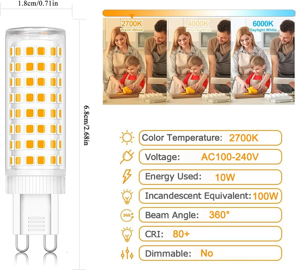 G9 Lampadine Led 10W, Luce Bianca Calda 2700K 10W Equivalente 100W Lampada Aloge - Immagine 2 di 4