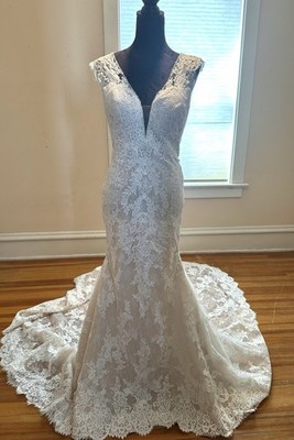 Pronovias Lyra Lace Wedding Dress V Neck Pearl Buttons Ivory Nude Size 12