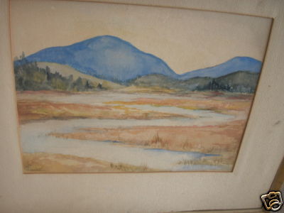 vintage water color,12x16,Harriet Lemaire,Oxbow and Mountains,serene river scene