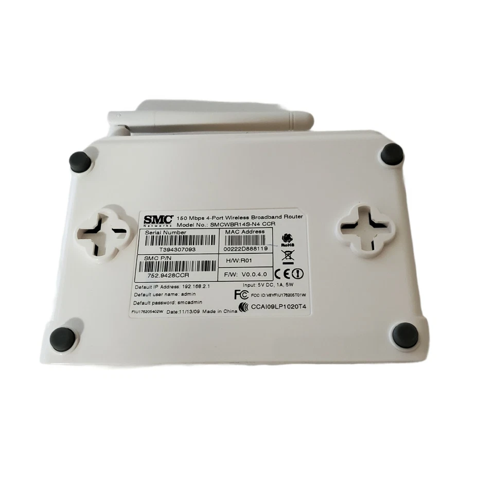 SMC Network 150 Mbps 4-Port Wireless Broadband Router SMCWBR14S-N4 - Image 3 of 4