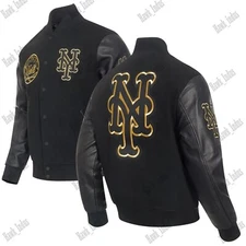 New York  Leather Wool Jacket Mens M Black Embroidered Logo