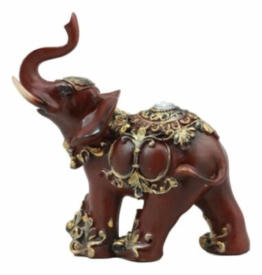 Faux Wood Finished Resin Decorated Majestic Asian Gajah Elephant With Trunk Up