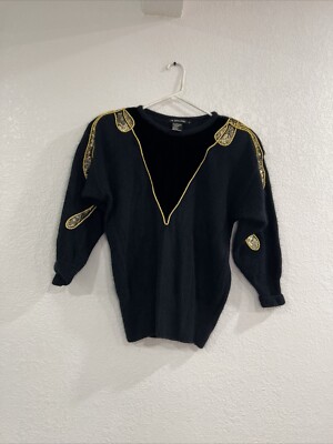 I.B. Diffusion Vintage 80s Black Silk Blend Gold Braid Appliqué Sweater Size L