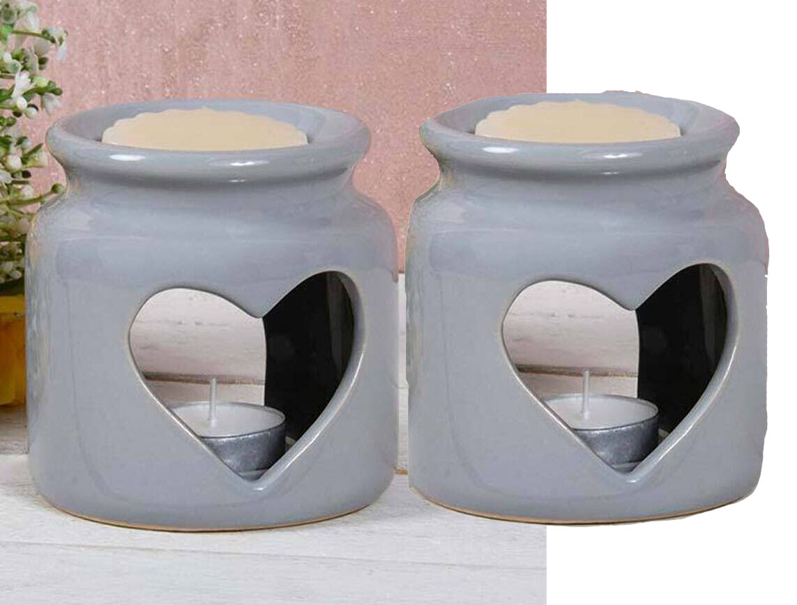 Set of 2 x Wax Melt Oil Burner Tealight Holder GREY Ornament Gift heart *