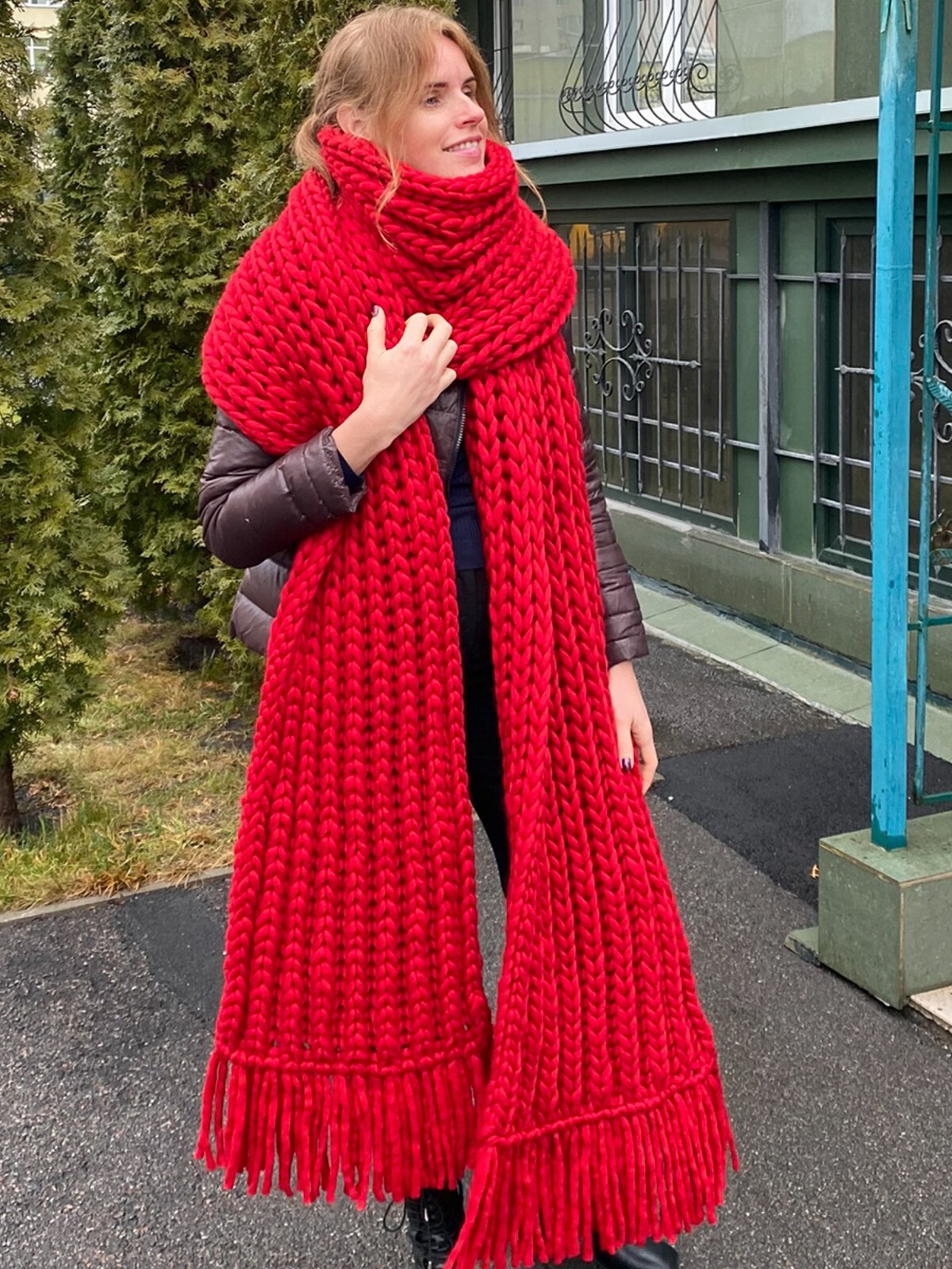 Chunky wool hand knit scarf - Oversized extra long wide fringed blanket ...