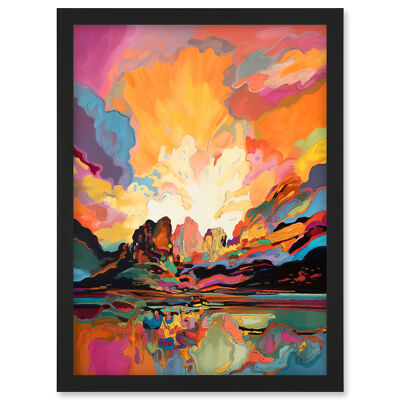 Atmosphärischer Sonnenuntergang Wolken lebendige Farben Seenlandschaft gerahmtes Kunstbild Druck A4