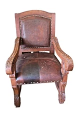 Large Silla Del Rey Royal Spanish Leather Dining Chair with Arms - Fleur-de Lis