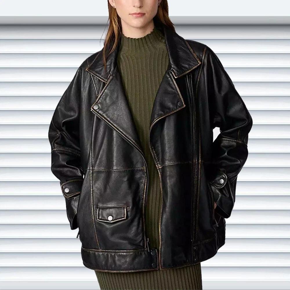 Women's Black Moto Style Leather Jacket Soft Sheepskin Real Handmade Lambskin